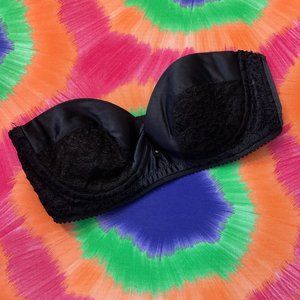 Size 34C Black Satin & Lace Strapless Bra with Rubberized Band Underwire
